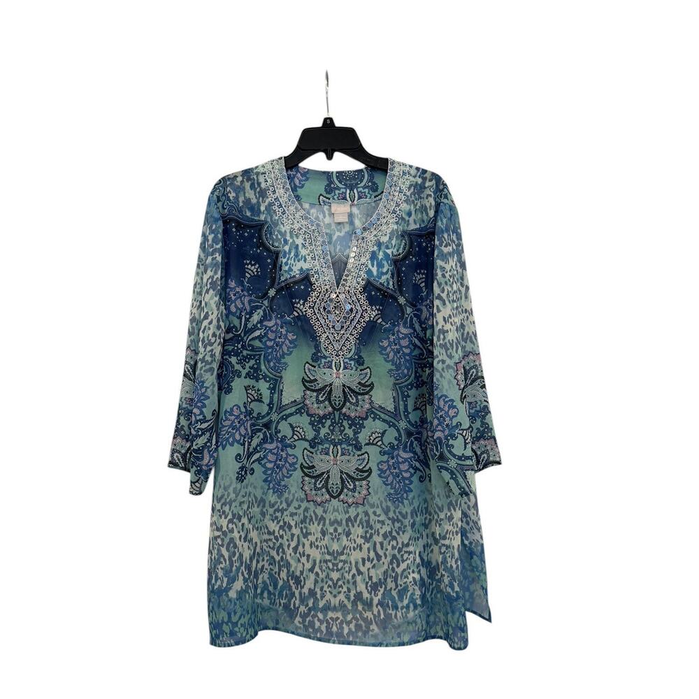 Chico’s Embellished Coastal Sheer Tunic Top Women’s 4 (XXL) Blue Mix Print Beach
